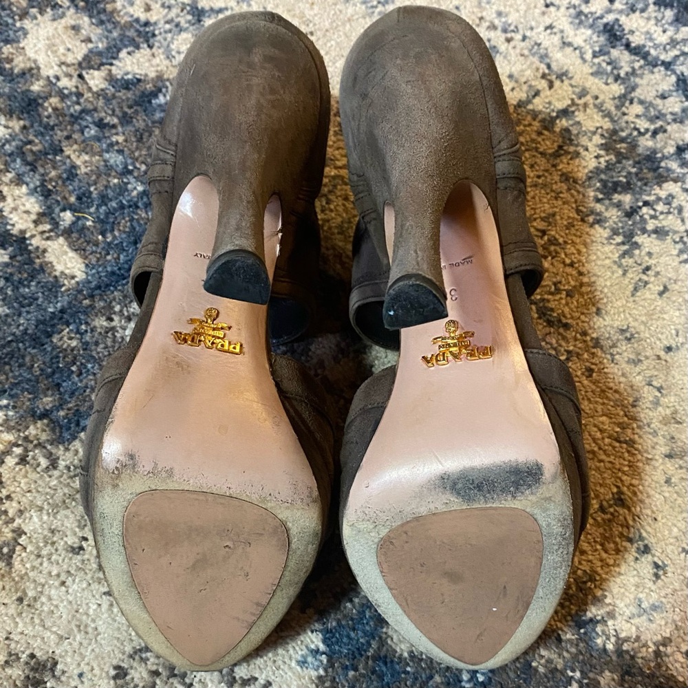 Prada Suede Leather Brown High Heel Peep-Toe Shoes - Picture 5 of 13
